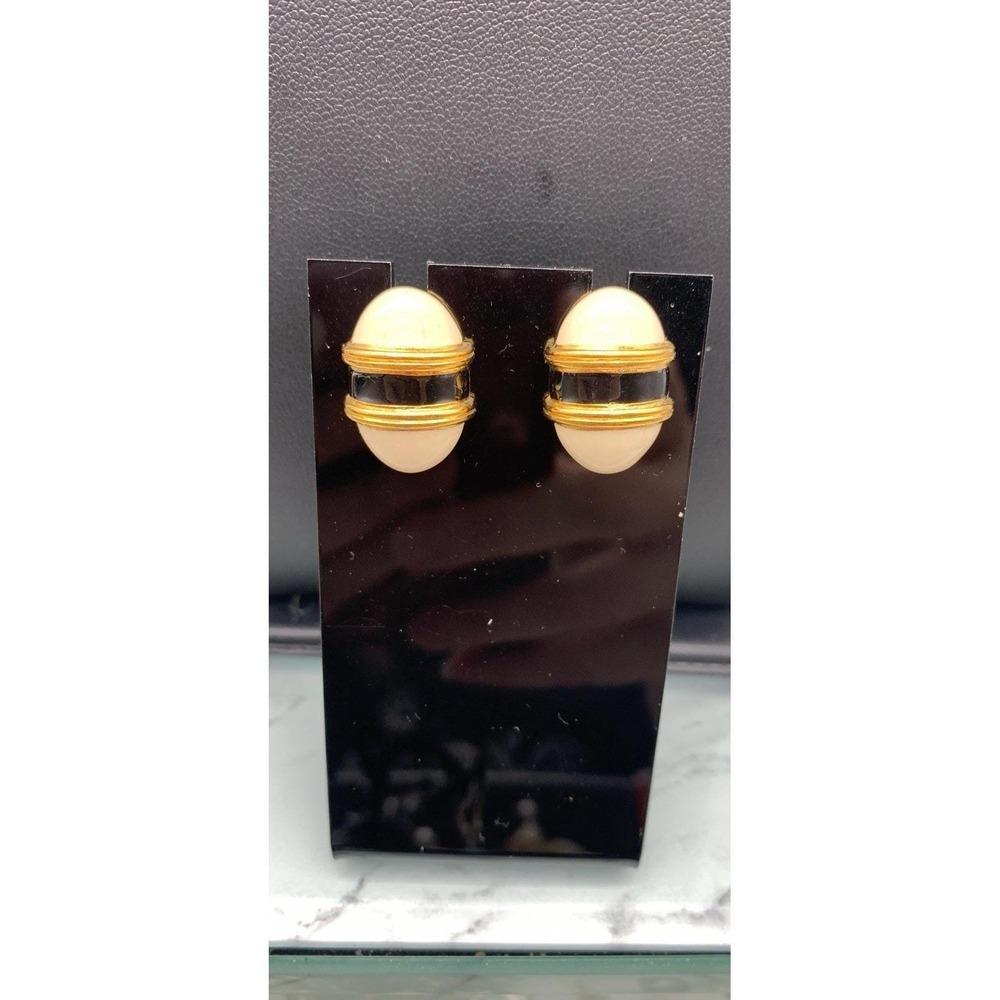 Vintage Monet Gold Tone And Black & Cream Enamel Oval Pierced Earrings